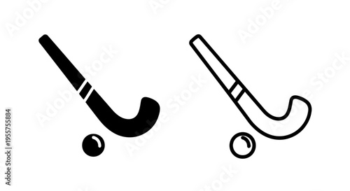 Field hockey stick and ball icons vector art - black and white sports graphics