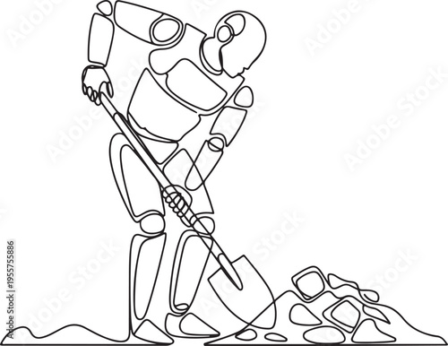 Minimalist continuous line art depicting a worker actively digging with a shovel, moving earth and soil, symbolizing labor, effort, and construction projects