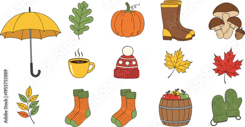 Autumn Season Icon Set with Fall Leaves, Pumpkin, Umbrella, Rain Boots, Warm Socks, Mushrooms, and Cozy Harvest Elements