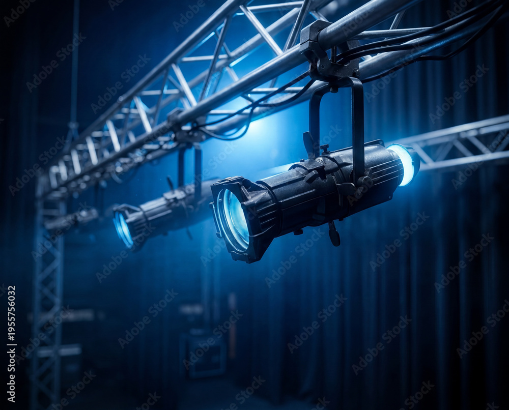 Fototapeta premium Professional stage spotlights mounted on a metal truss in a dark theater. Atmospheric blue light beams illuminating the scene for a concert, performance, or event. High-quality studio equipment.