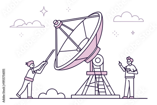 tiny people installing giant satellite dish illustration set, communication technology concept, minimal vector