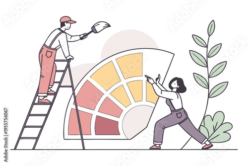 tiny people painting huge color palette illustration set, creative design concept, flat vector illustration