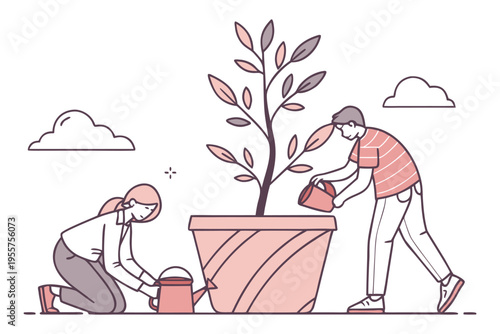 tiny people planting tree in huge flower pot illustration set, eco lifestyle concept, flat minimal vector.