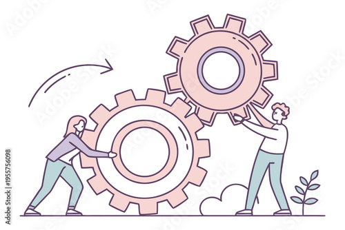 tiny people pushing giant gear wheels illustration set, teamwork and productivity concept, minimal flat vector illustration.