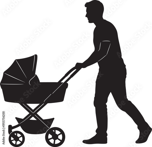 Father pushing a baby stroller, a silhouette representing fatherhood, care, and a peaceful walk with an infant.