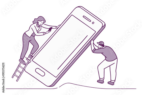 tiny people repairing huge smartphone illustration set, small technicians fixing mobile phone, minimal flat vector, clean outline
