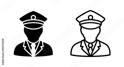 Officer icon set: silhouette and outline of a man in uniform with cap and tie