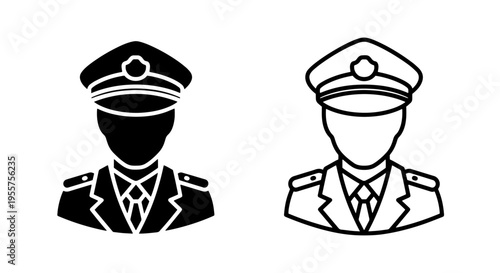 Military officer icon set: black silhouette and outline of a leader's uniform