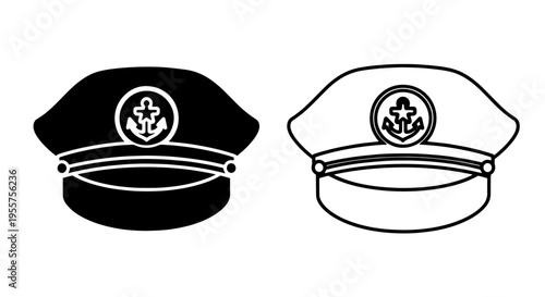 Navy captain hat icon: black silhouette and outline with anchor emblem