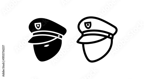Captain's hat icon set: black silhouette and outline of a nautical cap