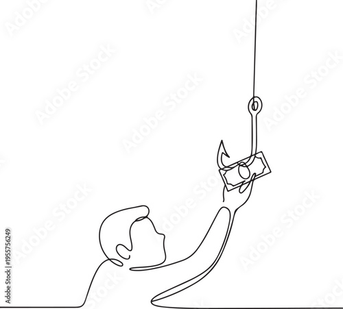 Illustration of a person reaching for money on a fishing hook, symbolizing financial temptation or a trap
