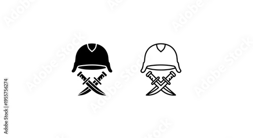 Military helmet and crossed knives icon set - black and white vector symbols