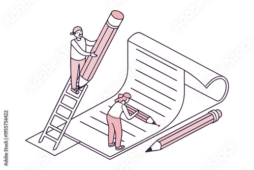 tiny people writing on giant document illustration set, content creation concept, flat minimal vector