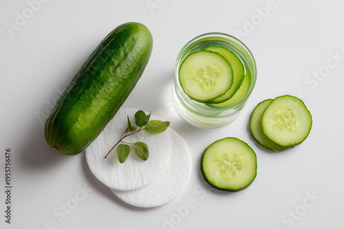 Cucumber slices and a glass with cucumber in water on a table