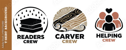 Creative tshirt design with three unique crew logos for readers carver and helping groups isolated illustration