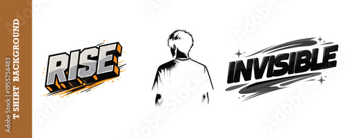 Creative t shirt design template featuring bold typography with rise and invisible text elements surrounding a minimalist silhouette illustration