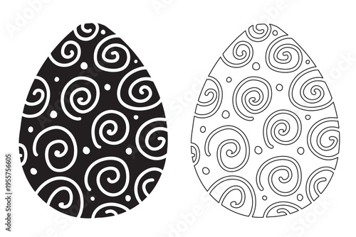 Easter egg with spiral doodle ornament in two versions: black silhouette with white pattern and outline for coloring. Perfect for stencils, stickers, laser cutting and DIY crafts.
