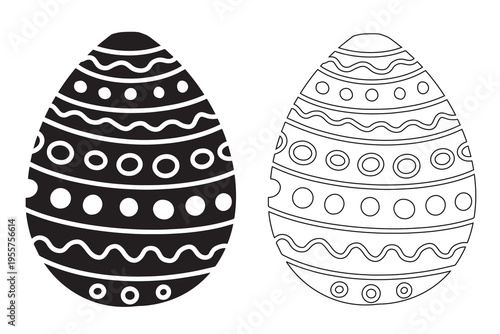 Set of two Easter egg designs: black silhouette with ornament and clean outline version. Perfect for coloring pages, templates, greeting cards and DIY holiday projects.