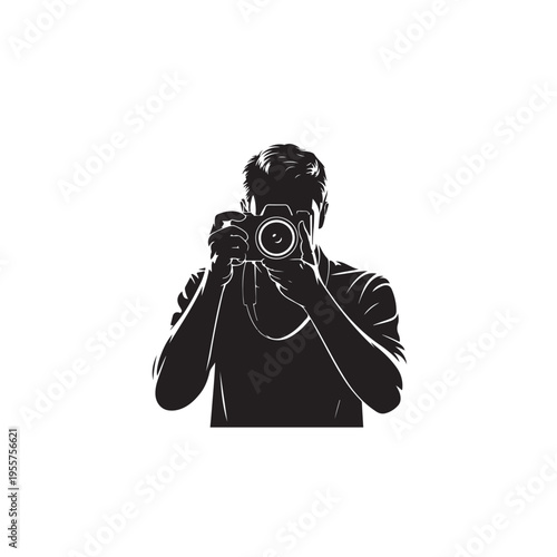Silhouette of man holding camera and taking picture focus on lens photographer professional hobbyist equipment technology