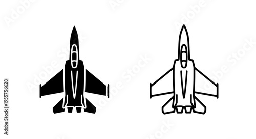Modern fighter jet icon set: military aircraft silhouette and outline vector graphic