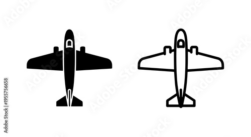 Two-engine propeller plane icon set: commercial aircraft silhouette and outline vector graphic
