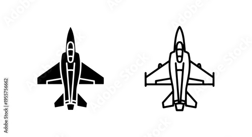 Modern fighter jet icon set: military combat aircraft silhouette and outline vector graphic