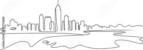 Continuous line drawing of a modern city skyline with skyscrapers and a body of water in the foreground, representing urban landscapes