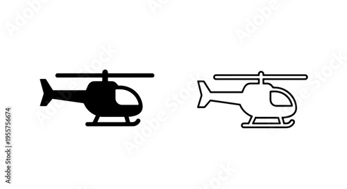 Simple helicopter icon set: air transport vehicle silhouette and outline vector graphic