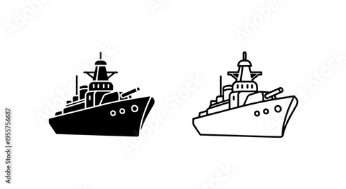 Modern military warship icon with cannon for naval operations and defense graphics