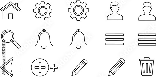 A collection of 14 black and white icons for user interface design