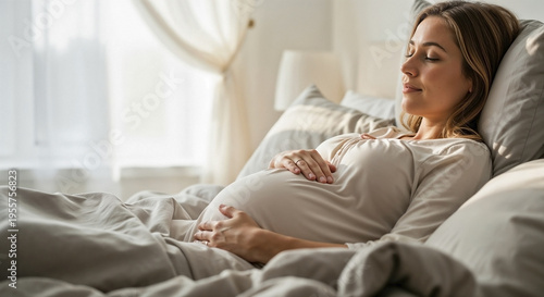 Pregnant woman resting hands on belly in cozy bed, expectant mother feels unborn baby, a serene moment for pregnant woman resting peacefully.