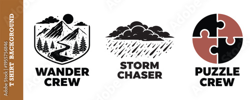 Creative vintagestyle tshirt design collection featuring wander crew storm chaser and puzzle crew logos with nature and puzzle elements