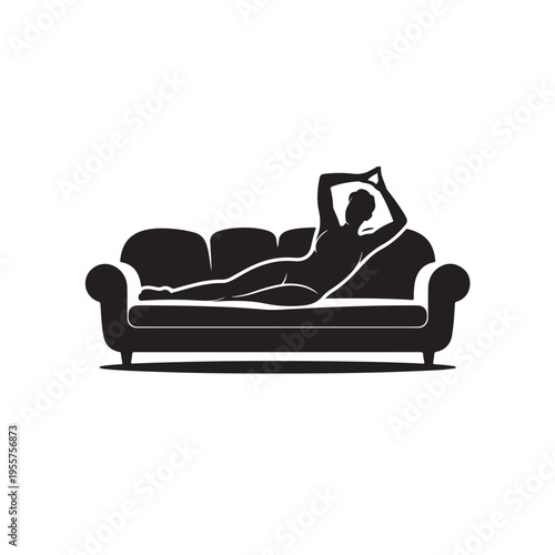 Silhouette of person reclining dramatically on vintage sofa with arms raised above head in expressive pose studio