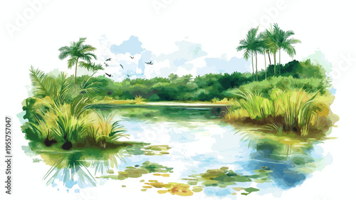Bigi Pan Wetlands. Bigi Pan Wetlands hand drawn watercolor illustration