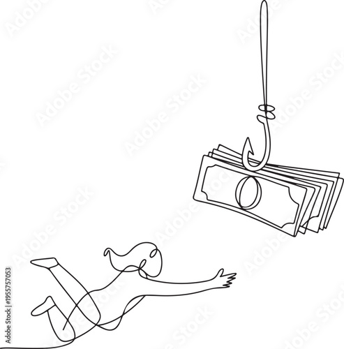 Line art of woman reaching for money on a hook, symbolizing financial temptation, dangerous allure of wealth, and risks