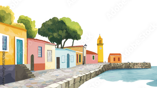 Colonia del Sacramento. Colonia del Sacramento hand drawn watercolor illustration