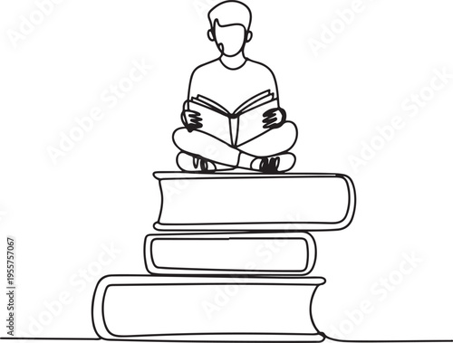 Continuous single line drawing of a person reading on books, symbolizing education, knowledge, and intellectual growth for lifelong learning