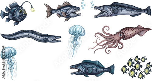 Deep Sea Creature Collection Vector Illustration Featuring Anglerfish Eel Squid Jellyfish and Predatory Ocean Fish in Dark Underwater Style