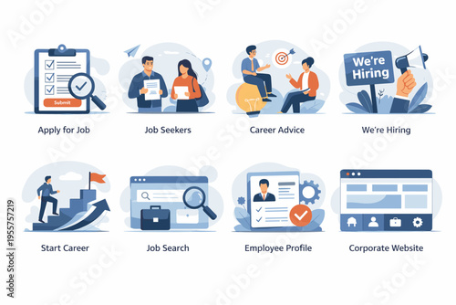 Flat vector set of job search and hiring concepts, career development, recruitment, resume, interview and employment illustration collection