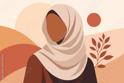 Minimal Portrait of Woman in Hijab with Abstract Shapes – Modern Cultural Illustration