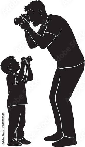 Father and Son Taking Photos with Cameras Silhouette - A Captivating Vector Illustration of Shared Hobby, Learning, and Family Fun, Highlighting Paternal Mentorship and Creative Bonding Moments