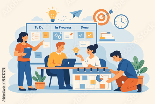 Flat vector illustration of project management and business planning, teamwork workflow, task organization and corporate strategy concept