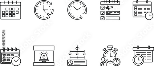 A collection of black and white icons representing time and schedule