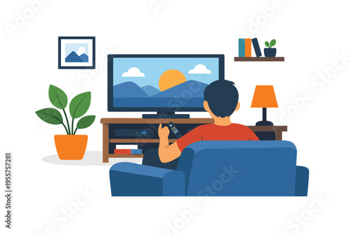 Flat vector illustration of man watching TV at home, cozy living room interior, leisure and relaxation lifestyle concept