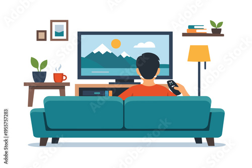 Flat vector illustration of man watching TV at home, cozy living room interior, leisure and relaxation lifestyle concept