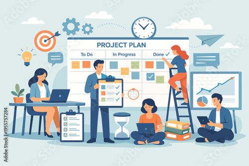 Flat vector illustration of project management and business planning, teamwork workflow, task organization and corporate strategy concept