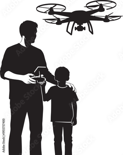 Father and Son Flying a Drone Silhouette - A Modern Vector Illustration of Family Engagement with Technology, Showcasing Paternal Teaching, Shared Interests, and STEM Learning Fun