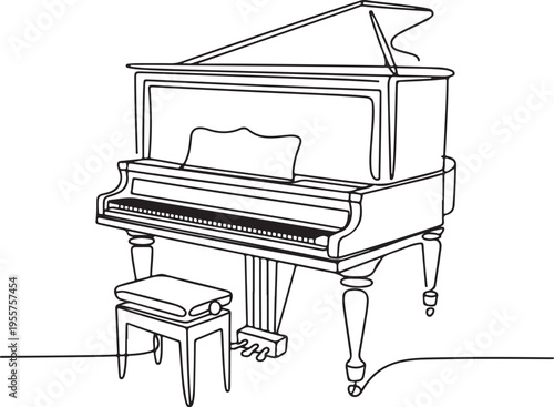 Elegant Grand Piano with Stool Isolated on White Background - Classic Musical Instrument Illustration