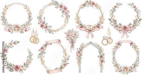 Elegant Wedding Floral Frame Collection Vector Illustration Featuring Rose Wreaths Rings Candles and Romantic Decorative Borders in Soft Pastel Style