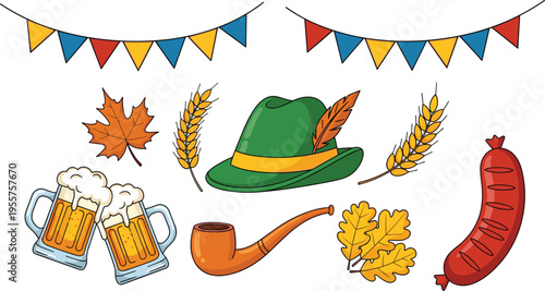 Oktoberfest elements set with beer mugs sausage hat leaves wheat and festive decorations traditional German festival vector illustration